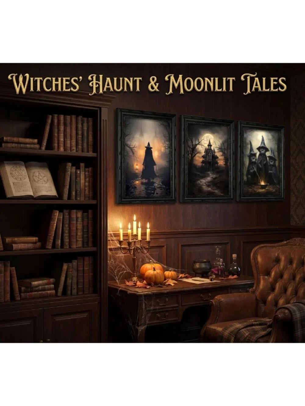 3Pcs Black Framed Halloween Wall Art - Dark Academia Witch, Cat & Castle Decor